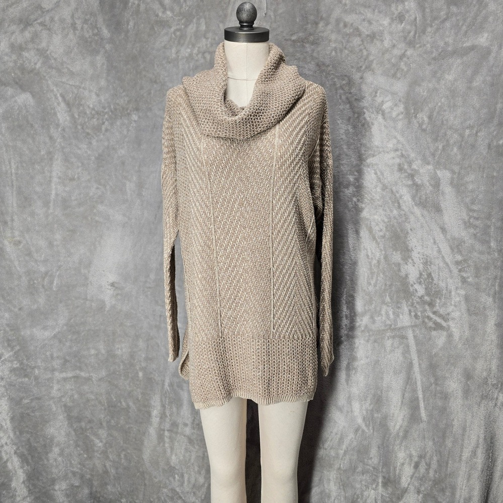 Eight Eight Eight‎ Women Knit Cowl Neck Sweater Sz L Khaki Cotton Crew Neck Slit